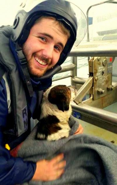 Able Seaman Combat Specialist Damien Willis gives the dog a much-needed warm snuggle.