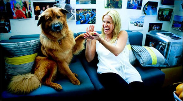 Chelsea and her adopted dog, Chunk, who is known to hang out behind the scenes and make appearances on the show.