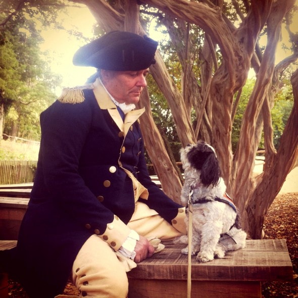 “Maggie and George Washington, the meeting of great minds.” Colonial Williamsburg, Virginia. September 22, 2013.