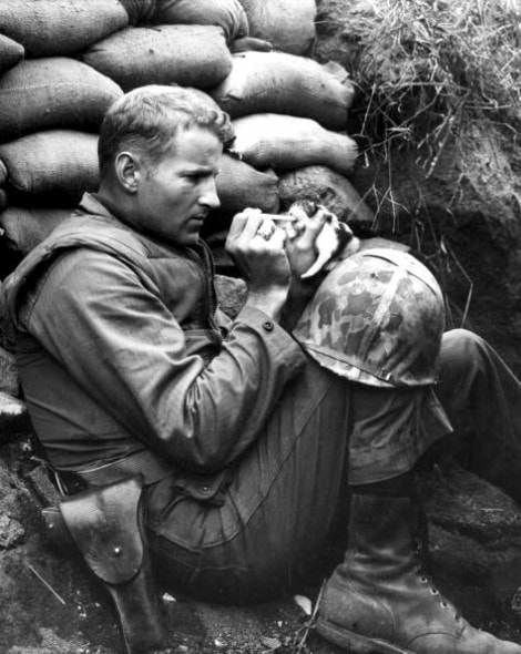 Soldier Feeds Cat