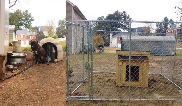 The picture on the left shows how one of the recipients lived before getting the dog house. Photo Credit: Rescue 2 Restore