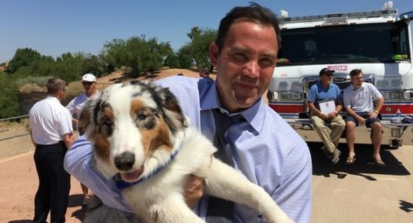 Duke, a 6-month-old Australian shepherd. and his owner, Jim Palecek. Photo: Lucas Robbins/The Republic ------------------------------------