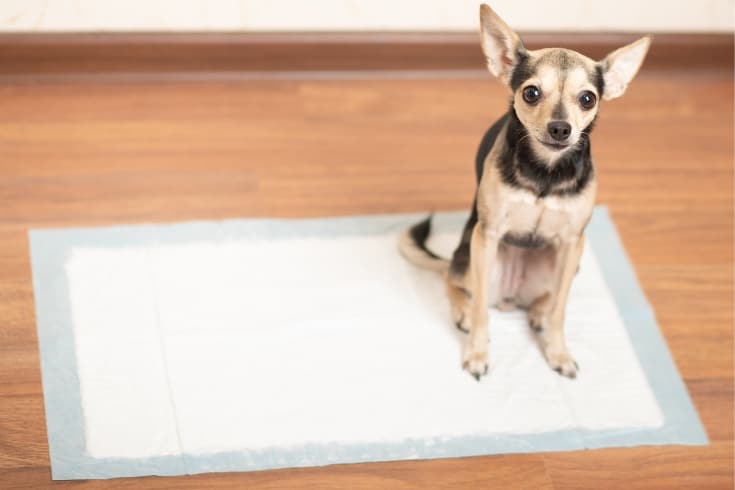 A dog on an absorbent diaper diaper pad