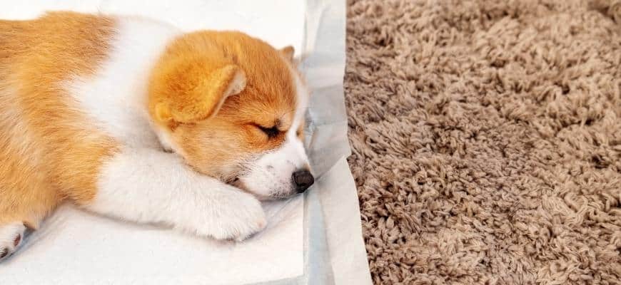 Welsh Corgi Pembroke laying on absorbent sheet at home interior